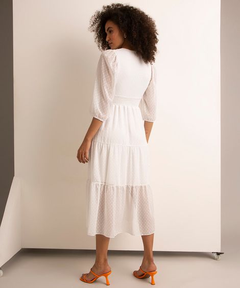 Vestido Texturizado de Poá com Recortes Midi Manga Bufante Off White