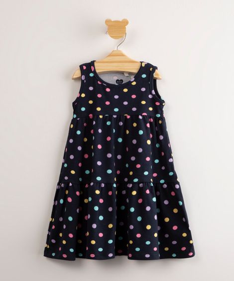 vestido infantil estampado poá com recortes azul marinho