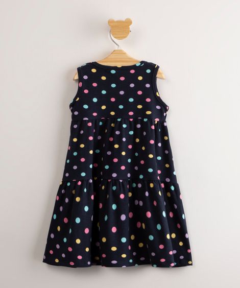 vestido infantil estampado poá com recortes azul marinho