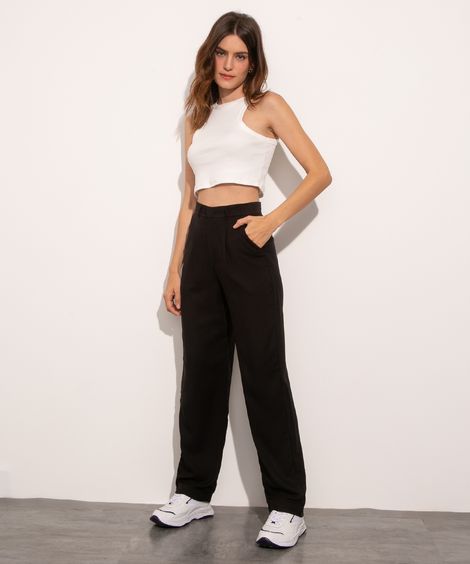 calça alfaiataria reta com pregas cintura super alta mindset preta