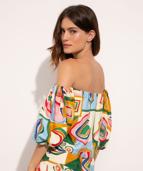 blusa ampla estampada artsy manga bufante ombro a ombro mindset + isabela bueno multicor