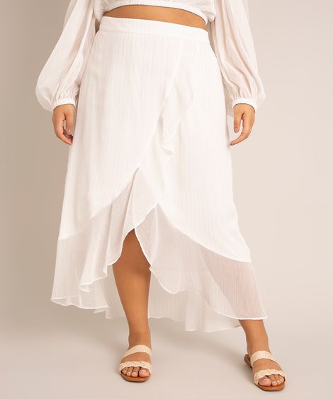 saia plus size mullet midi de chiffon listrada com lurex e babados além dos mares salvador preta gil off white