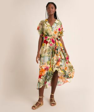 vestido longo de viscose estampado flor de jambo com babado manga curta além dos mares salvador preta gil Bege