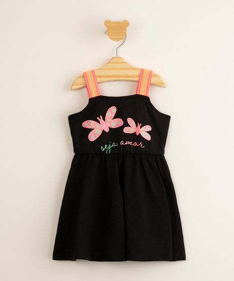 vestido infantil em algodão "seja amor" com bordado de borboletas alça larga preto
