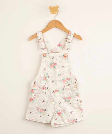 jardineira infantil de sarja estampada de poá floral off white