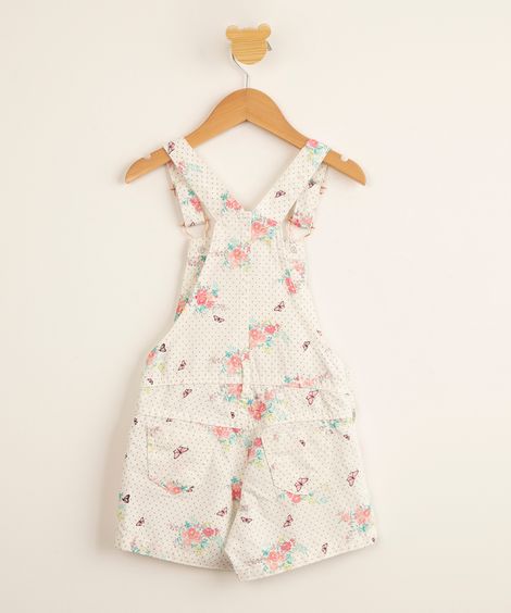 jardineira infantil de sarja estampada de poá floral off white