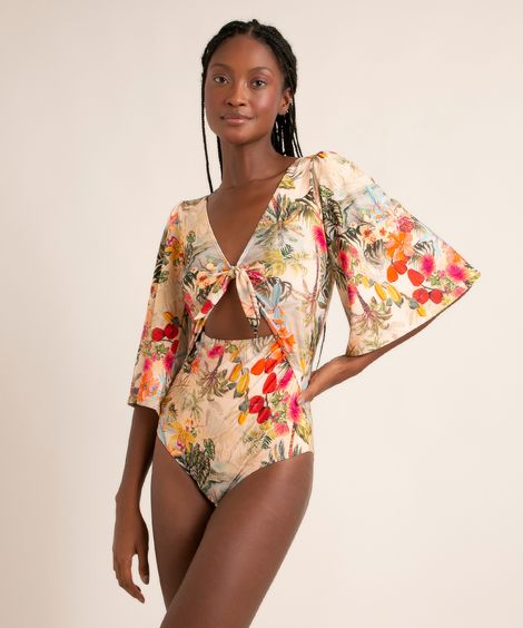 maiô body estampado flor de jambo manga ampla decote V proteção uv50+ além dos mares salvador preta gil bege