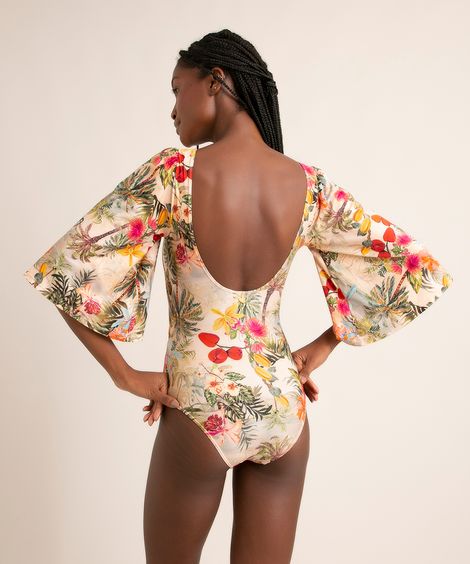 maiô body estampado flor de jambo manga ampla decote V proteção uv50+ além dos mares salvador preta gil bege