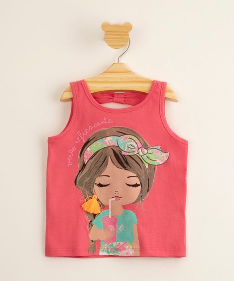 regata infantil de algodão "verão refrescante" menina bebendo suco com recorte laço e glitter pink