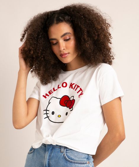 camiseta de algodão manga curta com nó frontal hello kitty off white