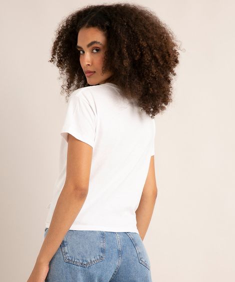 camiseta de algodão manga curta com nó frontal hello kitty off white