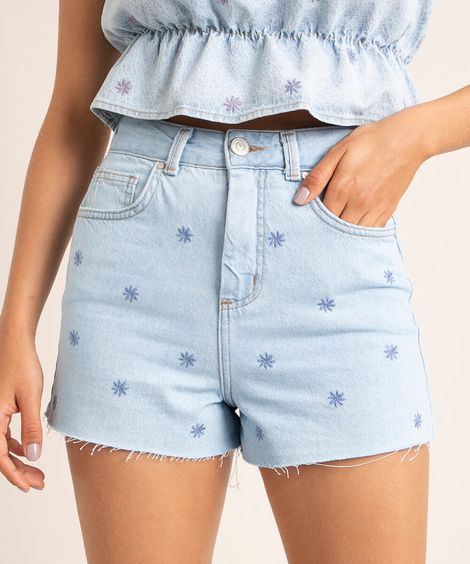 short vintage bordado floral cintura super alta barra a fio azul claro