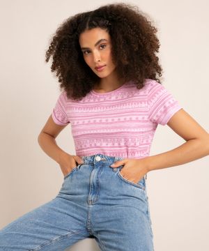 camiseta de algodão manga curta estampa geométrica lilás