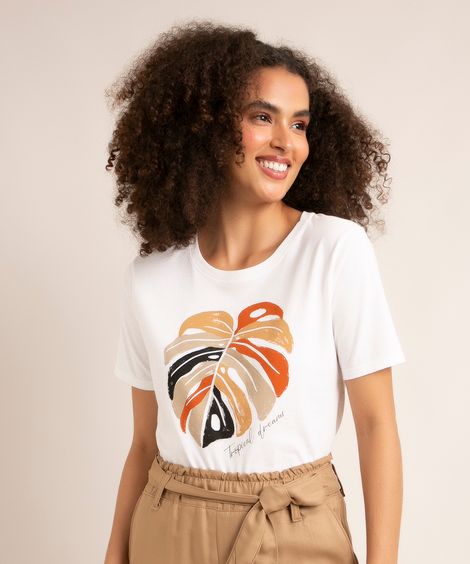 camiseta de algodão costela-de-adão manga curta decote redondo off white