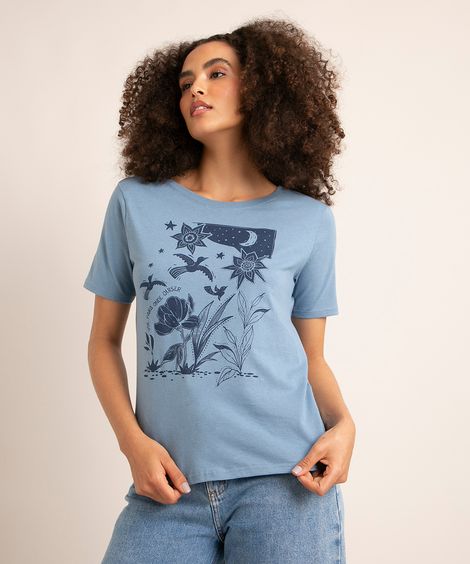 camiseta de algodão flores e pássaro manga curta decote redondo azul