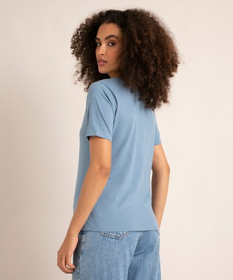 camiseta de algodão flores e pássaro manga curta decote redondo azul