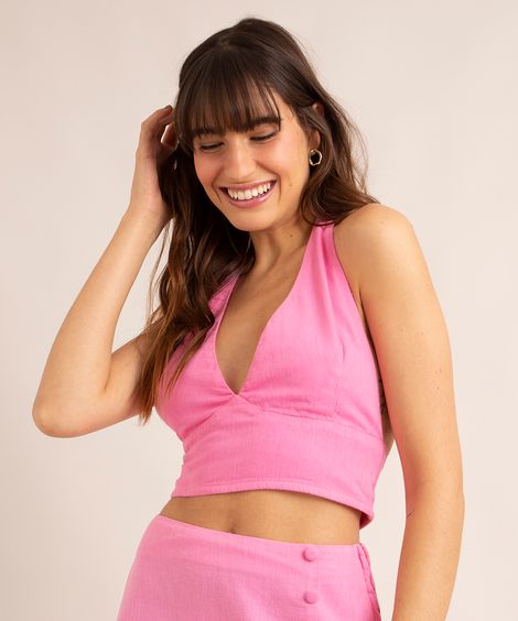 blusa cropped frente única com lastex e liocel alça larga decote V rosa