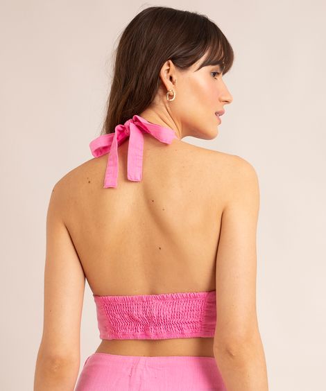 blusa cropped frente única com lastex e liocel alça larga decote V rosa