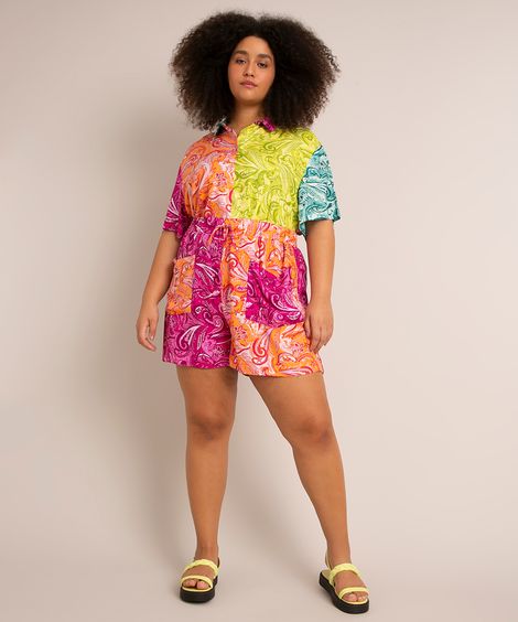 short plus size de viscose cintura super alta estampado paisley além dos mares noronha manu gavassi multicor
