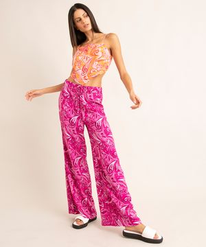 calça wide pantalona de viscose estampada paisley cintura super alta além dos mares noronha manu gavassi rosa escuro