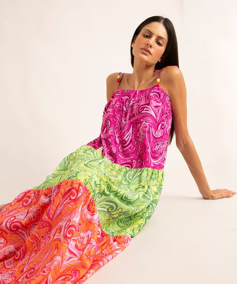 vestido midi de viscose estampado paisley com recorte e amarração alça fina além dos mares noronha manu gavassi multicor