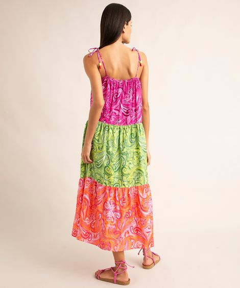 vestido midi de viscose estampado paisley com recorte e amarração alça fina além dos mares noronha manu gavassi multicor