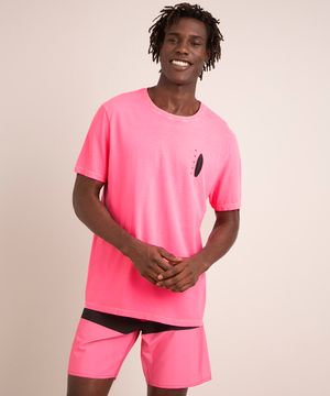 camiseta de algodão "aloha" manga curta gola careca além dos mares rio de janeiro rosa neon