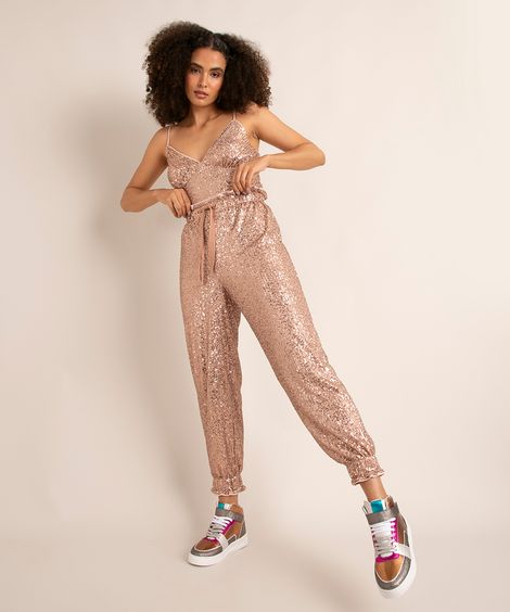 calça jogger de paetê cintura super alta com elástico e cordão joulik rosê