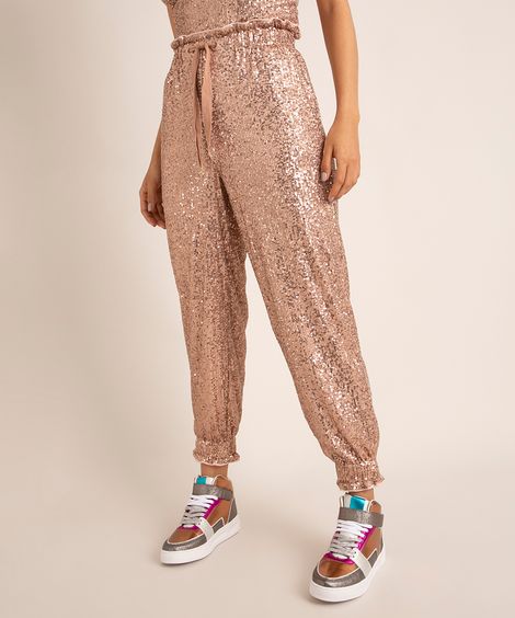 calça jogger de paetê cintura super alta com elástico e cordão joulik rosê