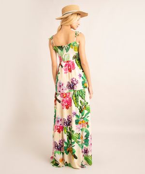 vestido longo com amarração estampado floral aquático além dos mares alter do chão grazi massafera off white