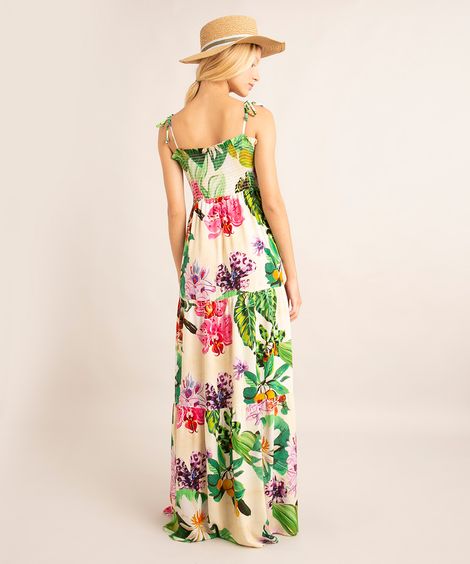 vestido longo com amarração estampado floral aquático além dos mares alter do chão grazi massafera off white