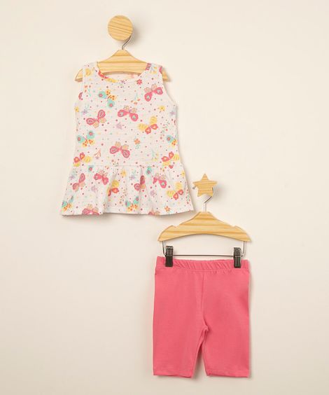 conjunto infantil de regata estampada borboletas + short  off white