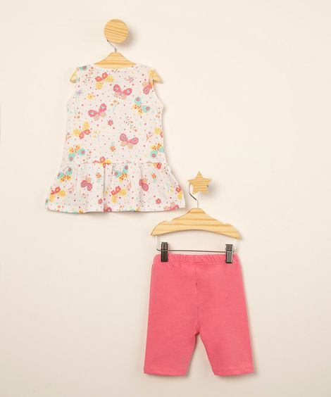 conjunto infantil de regata estampada borboletas + short  off white