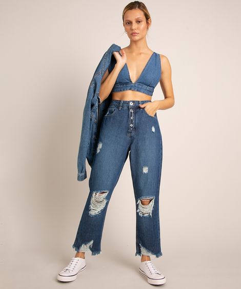 calça mom jeans  destroyed cintura super alta  azul escuro