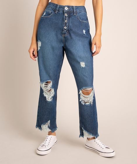 calça mom jeans  destroyed cintura super alta  azul escuro