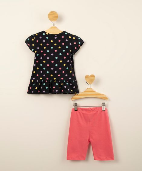 conjunto de blusa manga curta estampada de poá + bermuda azul marinho