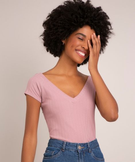 blusa canelada básica manga curta decote v rosê
