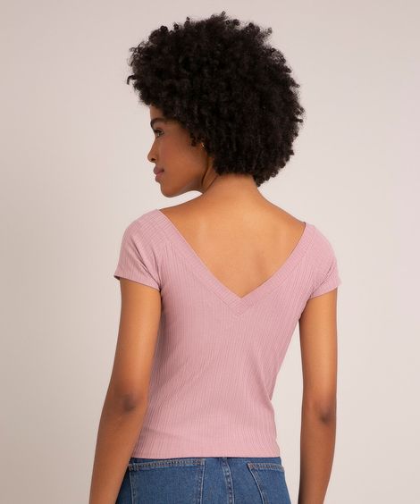 blusa canelada básica manga curta decote v rosê