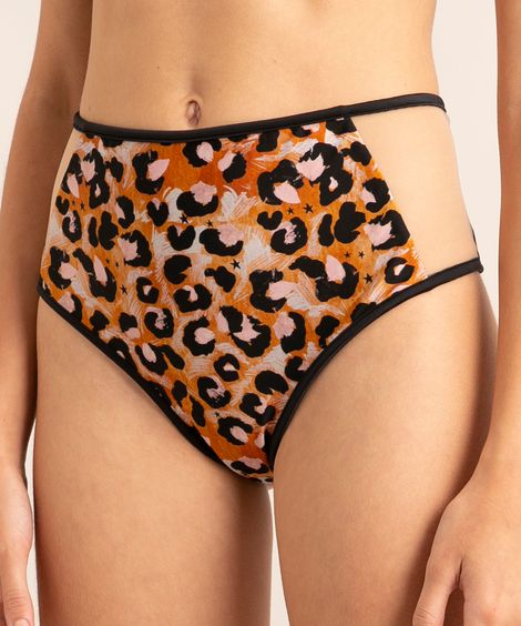 biquíni calcinha hot pant estampada oncinha com recorte tule proteção uv50+ além dos mares alter do chão grazi massafera bege
