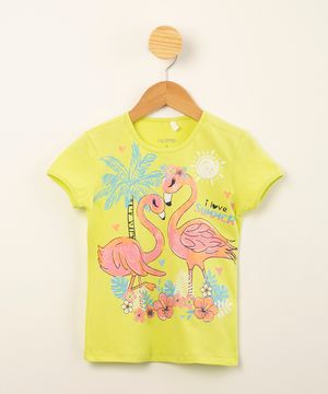 blusa infantil de algodão manga curta estampa tropical com flamingos amarelo neon