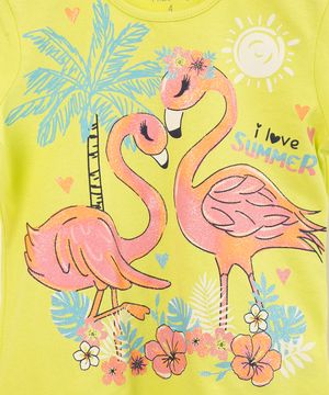 blusa infantil de algodão manga curta estampa tropical com flamingos amarelo neon