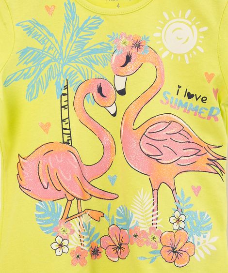 blusa infantil de algodão manga curta estampa tropical com flamingos amarelo neon