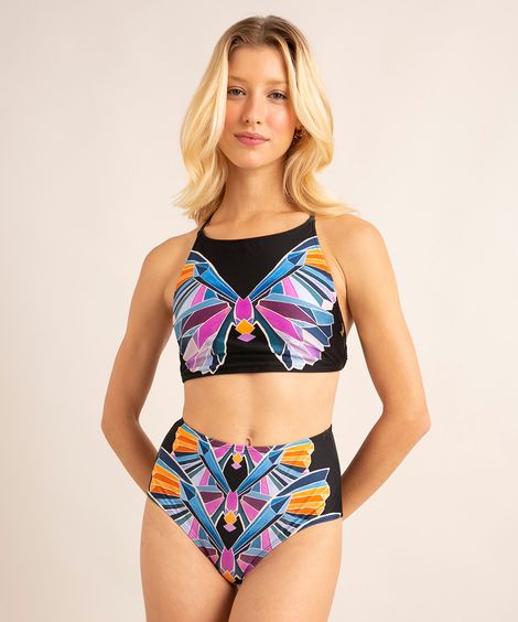 biquíni calcinha hot pant estampada borboleta cristal proteção uv50+ além dos mares alter do chão grazi massafera preto