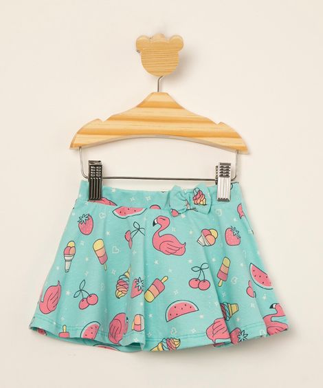 short saia infantil estampado flamingos com glitter e laço  azul