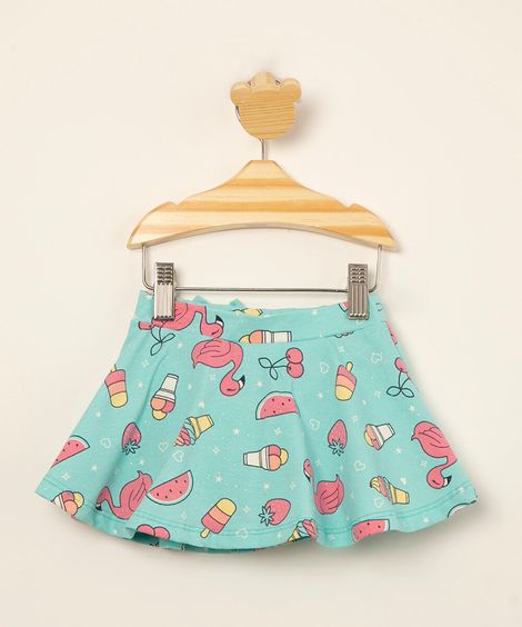 short saia infantil estampado flamingos com glitter e laço  azul