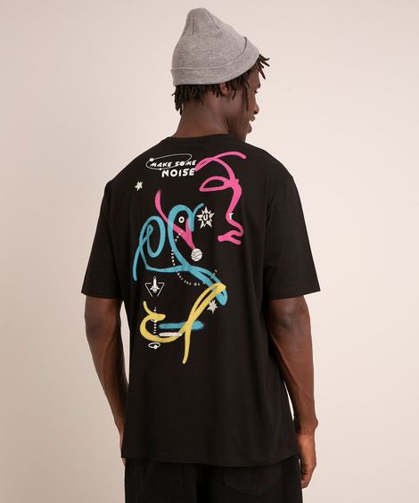 camiseta de algodão manga curta gola careca estampa abstrata preta