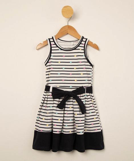 vestido infantil listrado com recorte e faixa para amarrar off white
