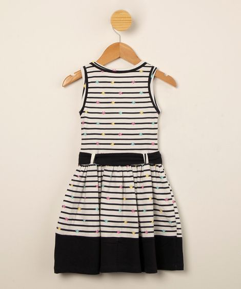 vestido infantil listrado com recorte e faixa para amarrar off white