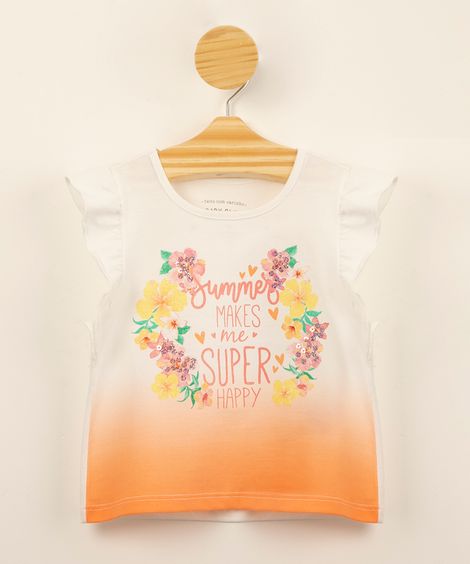 blusa infantil de algodão degradê manga com babados estampa floral com paetês off white