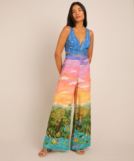 calça pantalona de viscose estampada paisagem cintura super alta  multicor